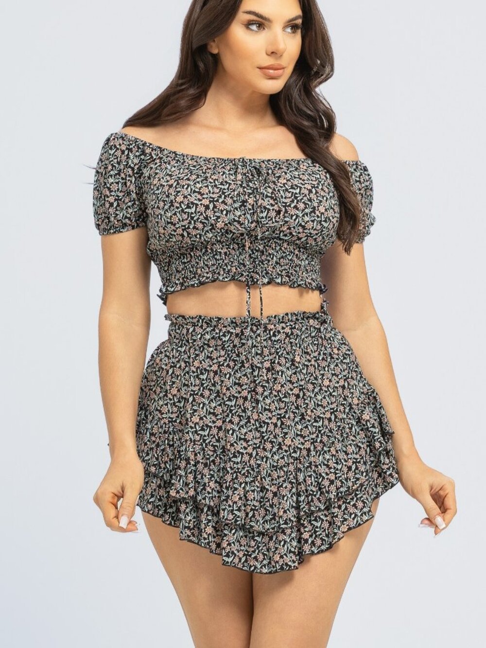 Floral Print Elastic Shirring Top And Skirt Set Black NEW